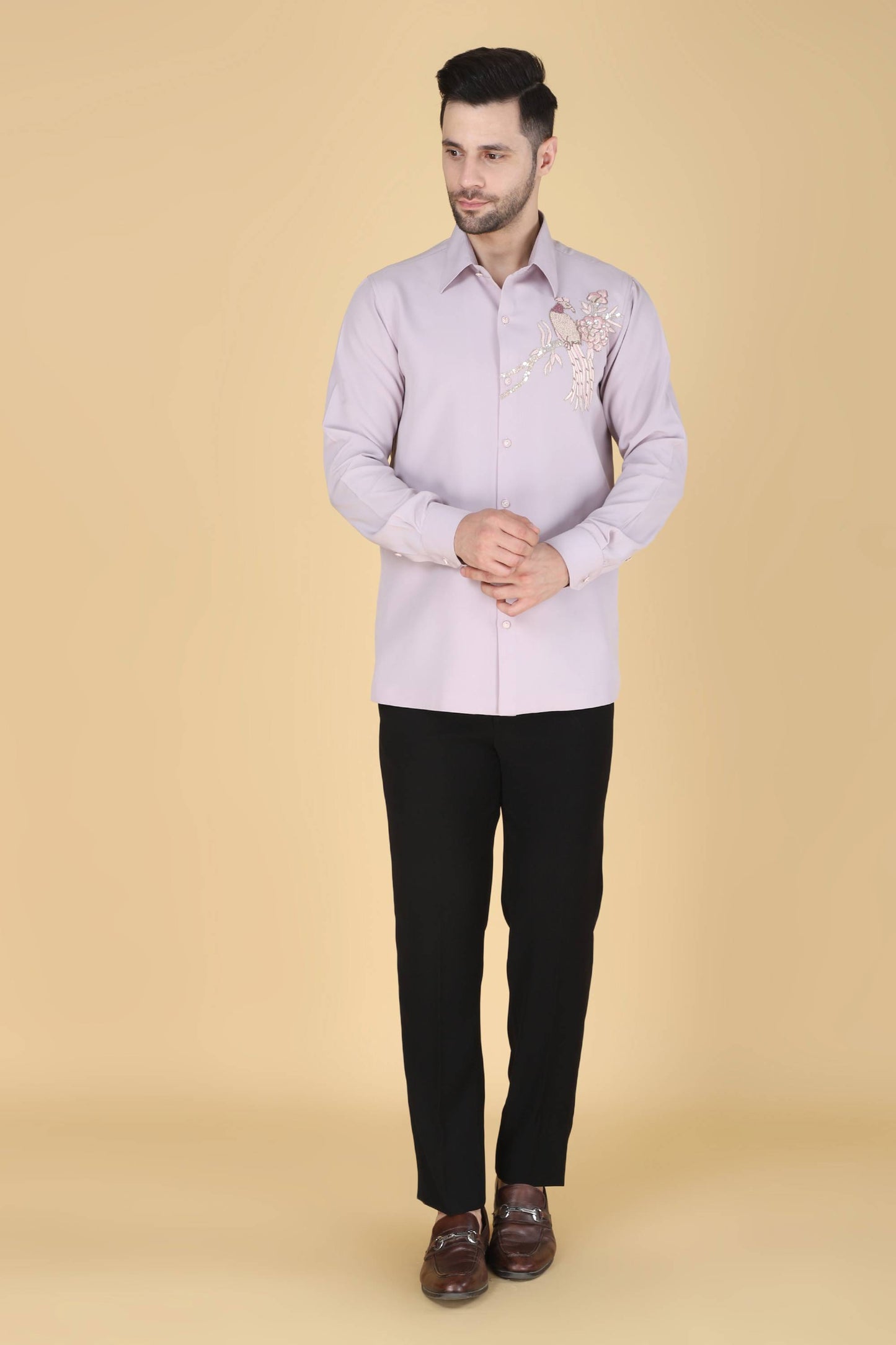 Lavender Hand Embroidered Shirt for Men