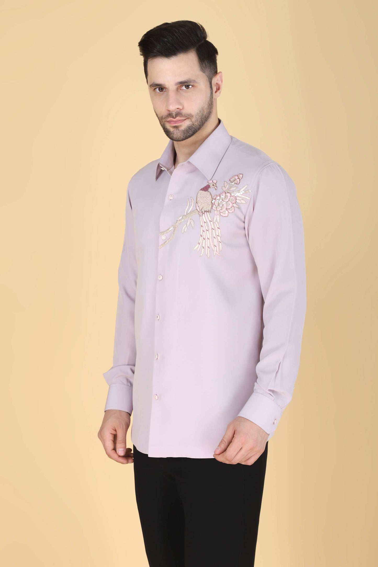 Lavender Hand Embroidered Shirt for Men