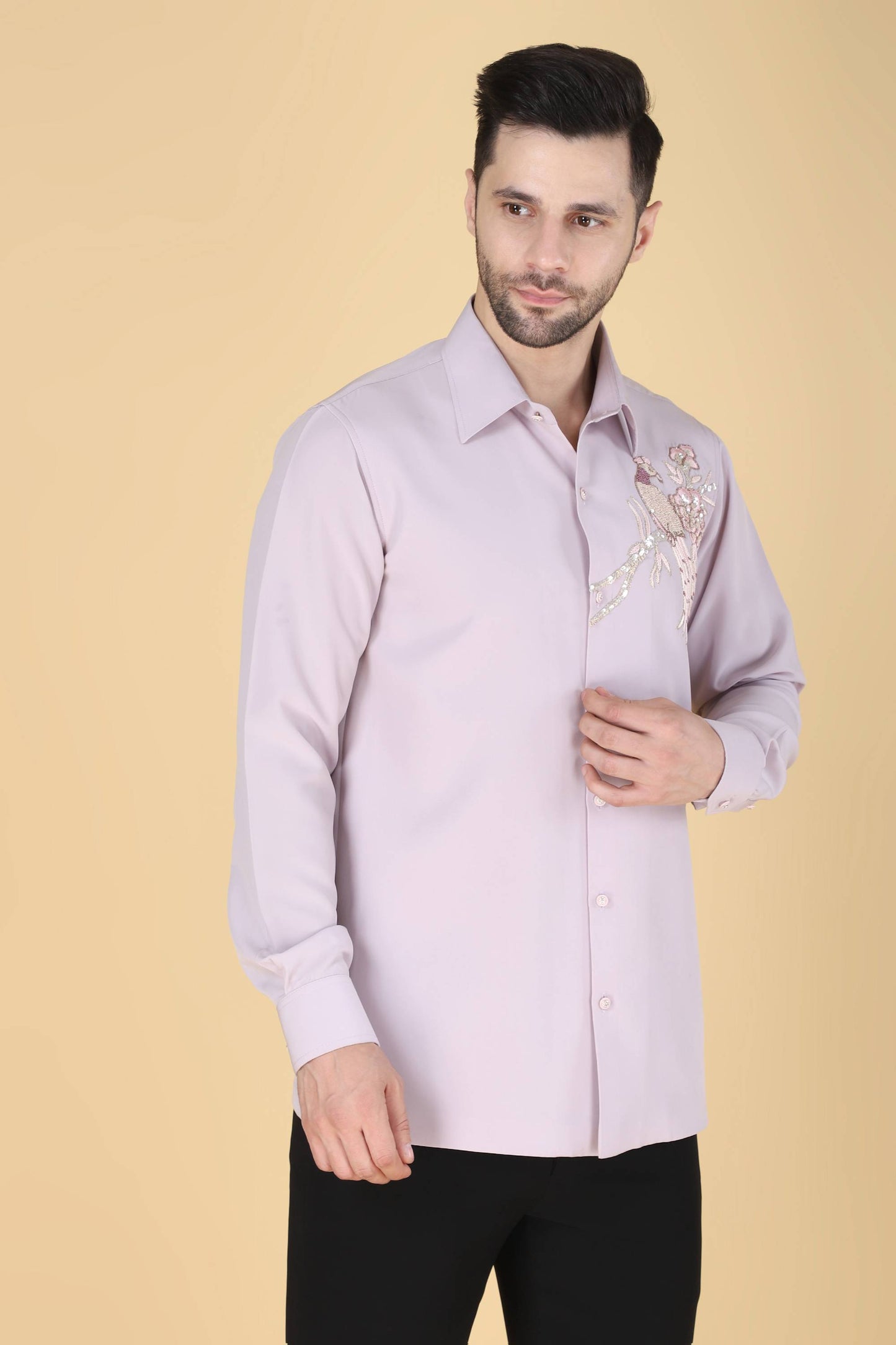 Lavender Hand Embroidered Shirt for Men