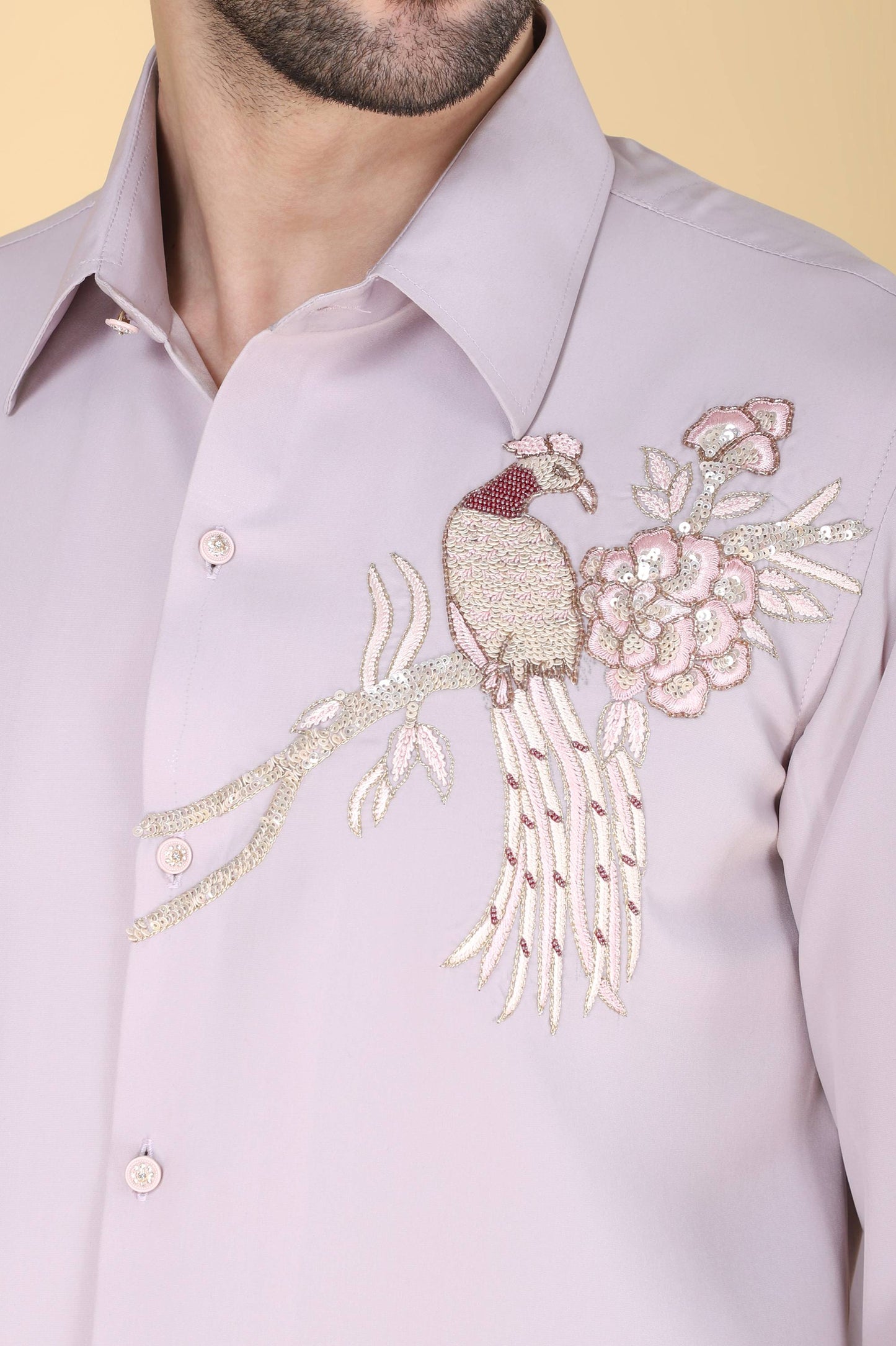 Lavender Hand Embroidered Shirt for Men