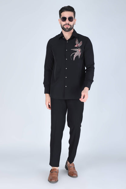 Black Hand Embroidered Shirt for Men