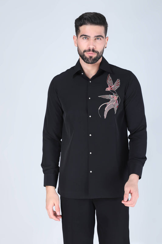 Black Hand Embroidered Shirt for Men