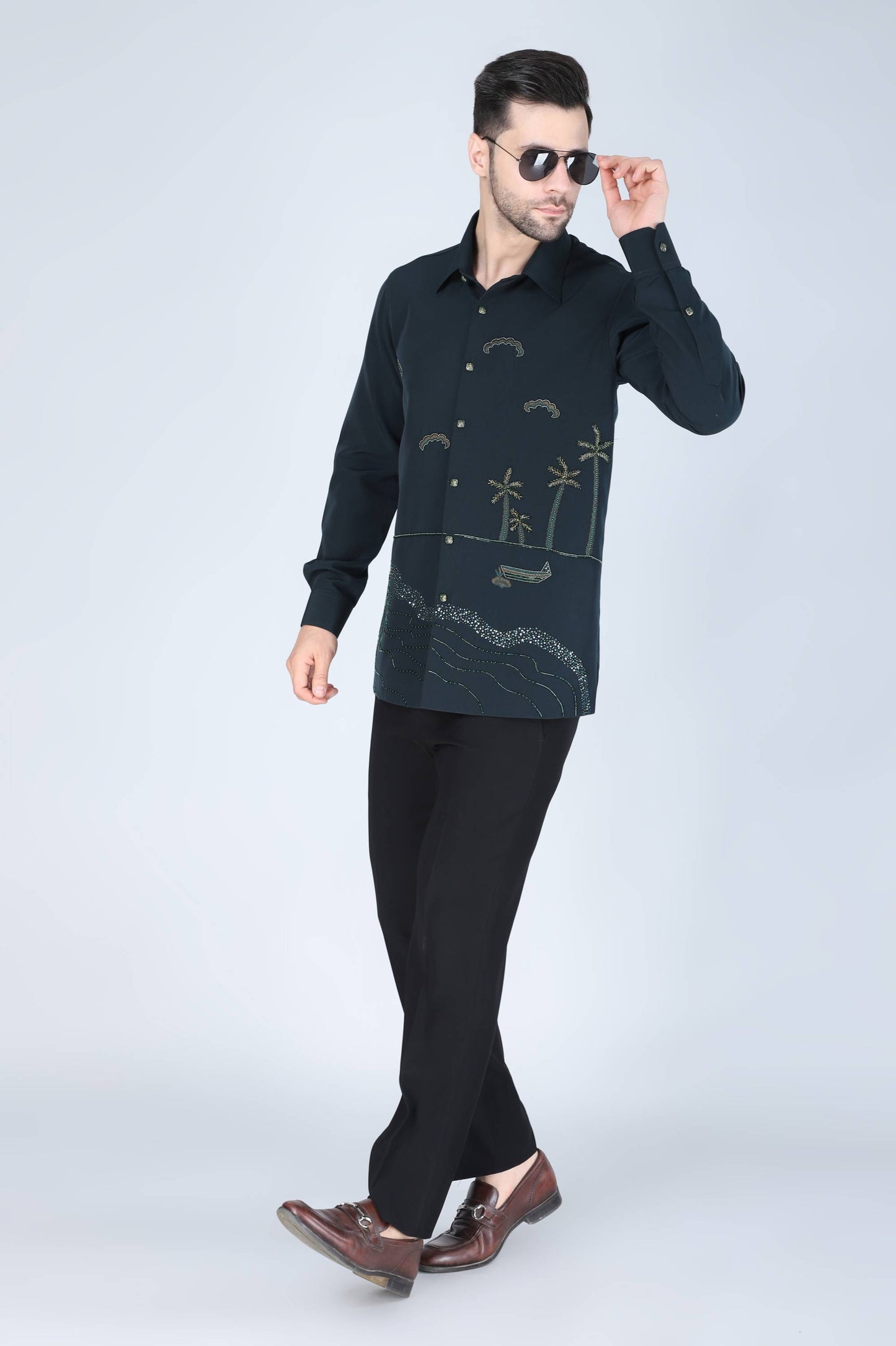 Teal Green Hand Embroidered Shirt for men