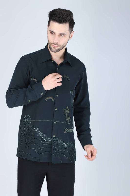 Teal Green Hand Embroidered Shirt for men