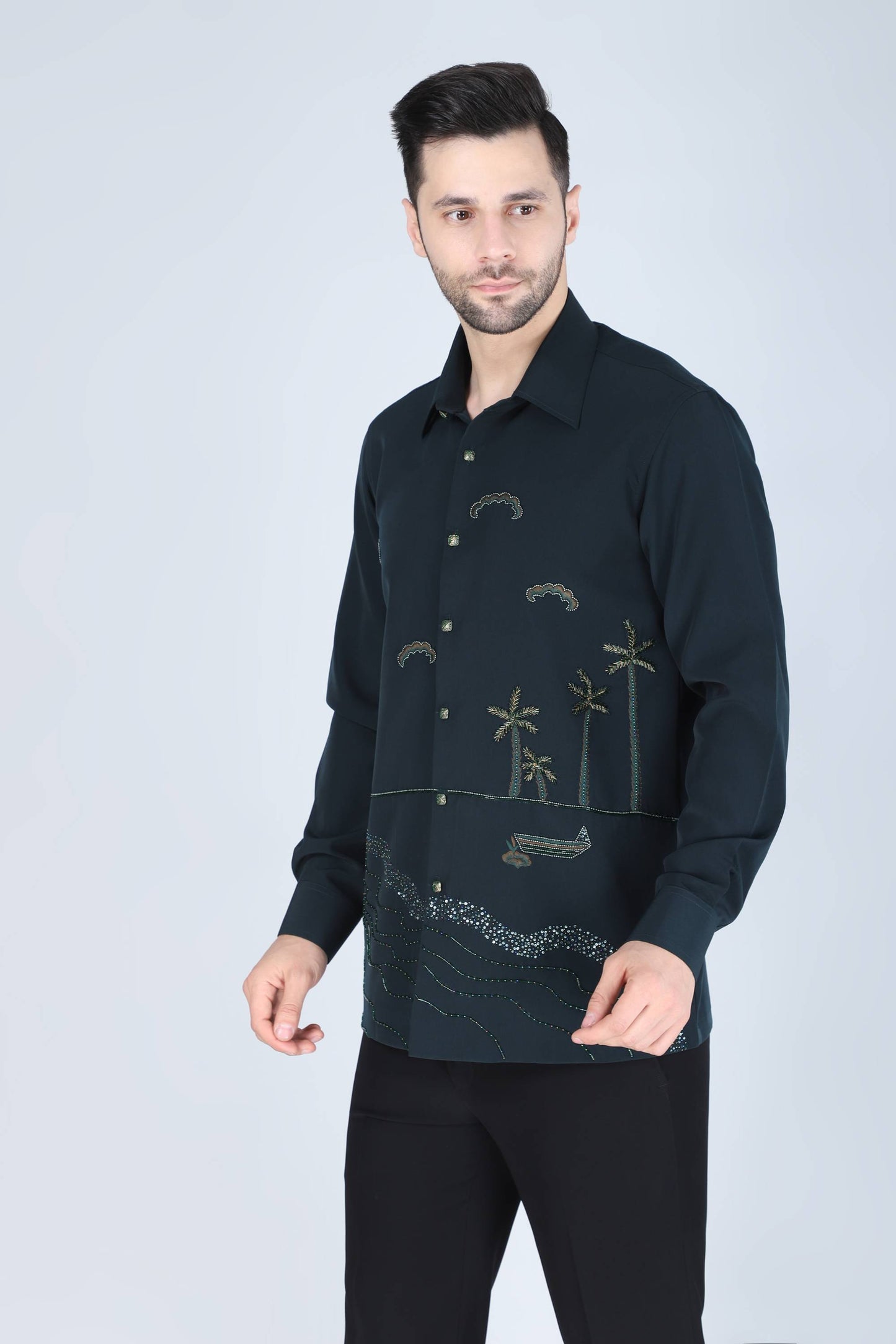Teal Green Hand Embroidered Shirt for men