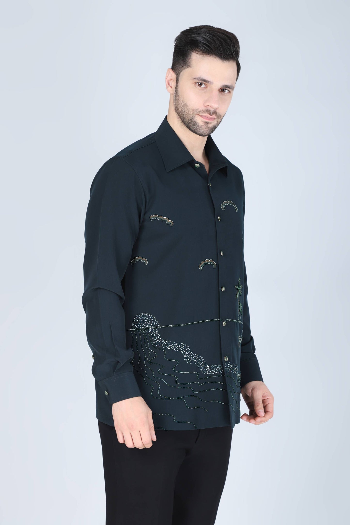 Teal Green Hand Embroidered Shirt for men