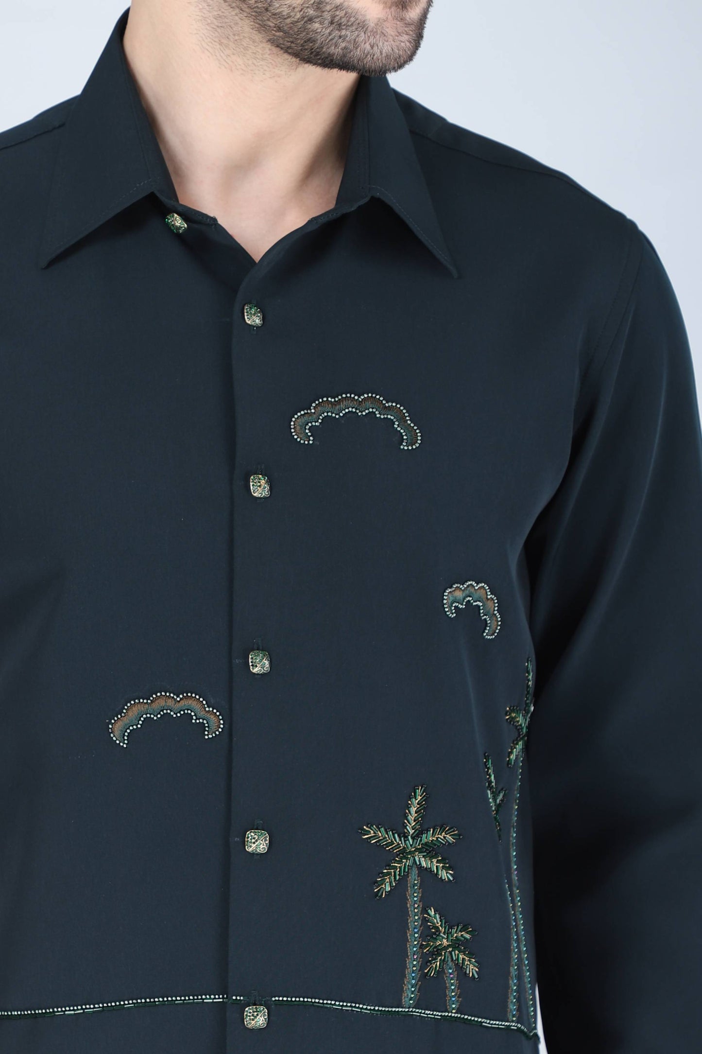 Teal Green Hand Embroidered Shirt for men