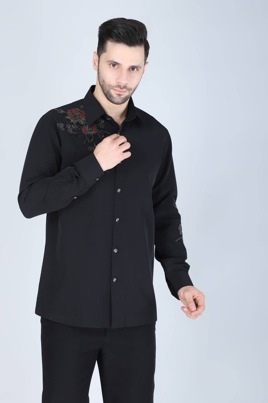 Black Hand Embroidered Shirt for Men