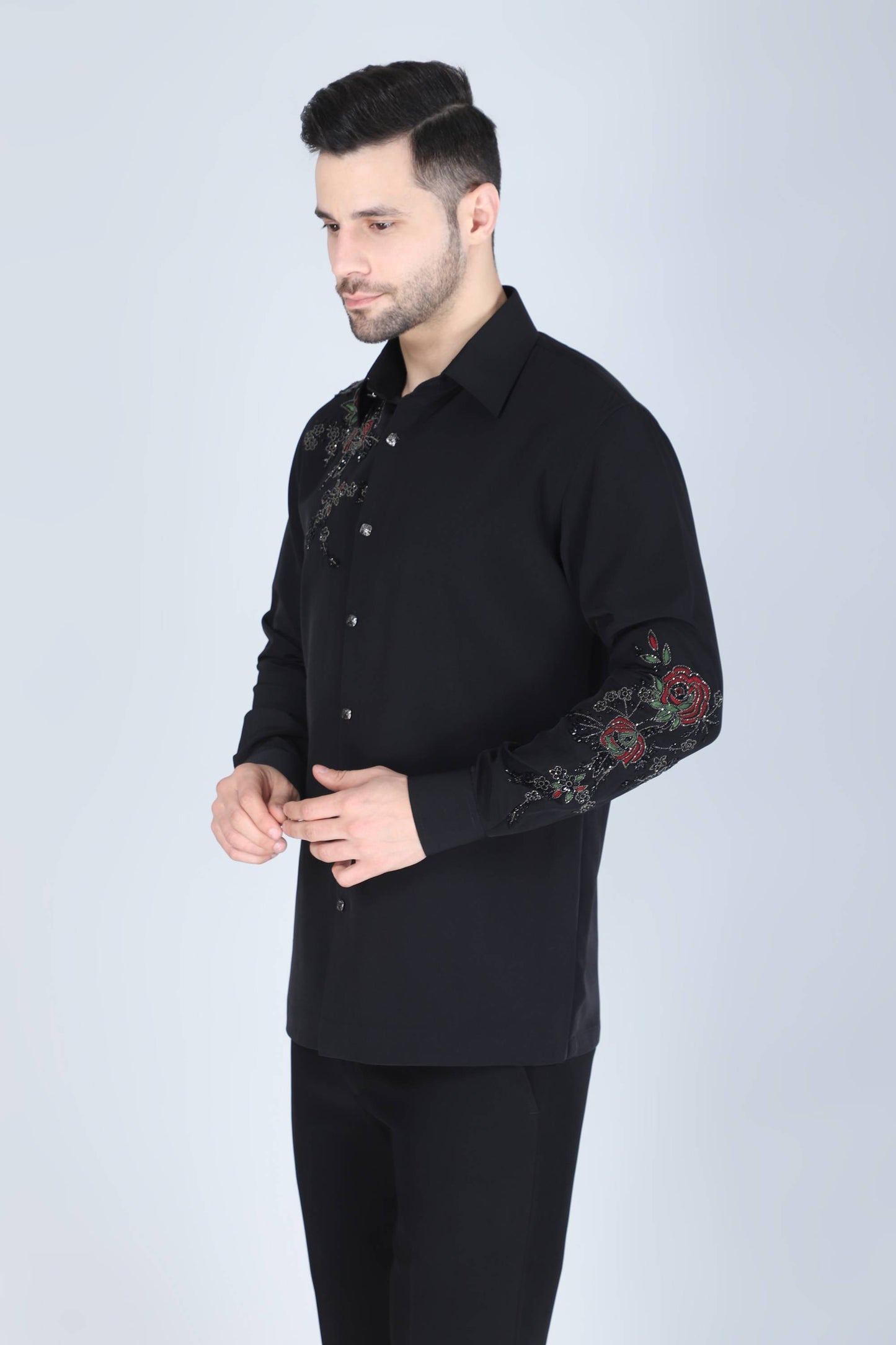 Black Hand Embroidered Shirt for Men