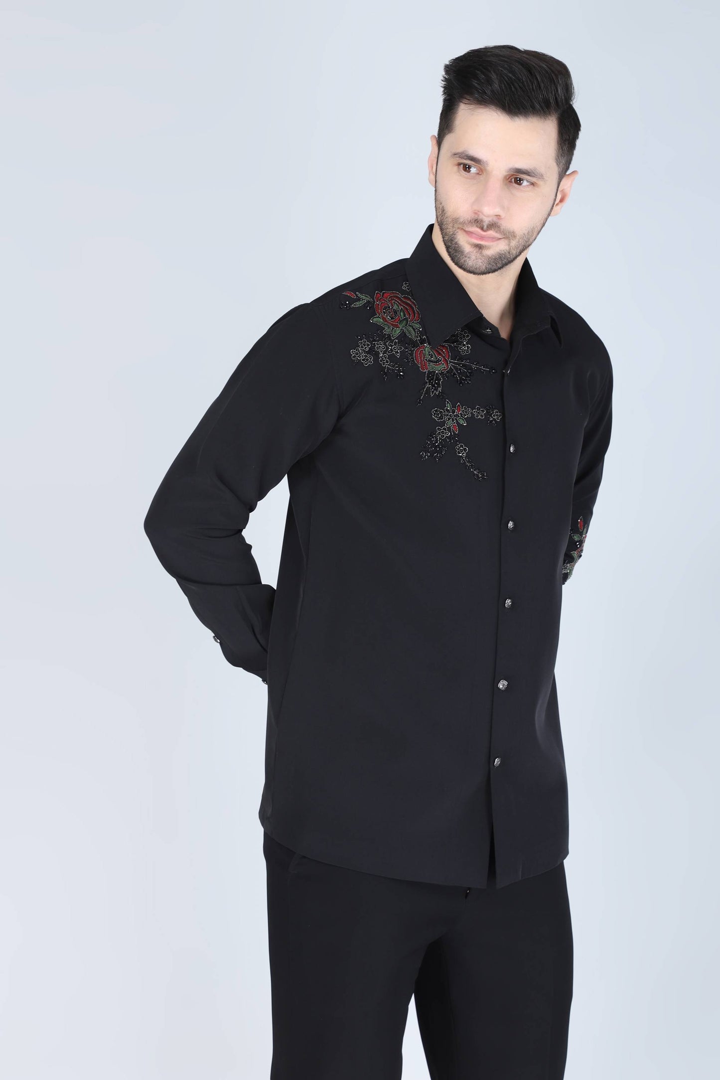 Black Hand Embroidered Shirt for Men