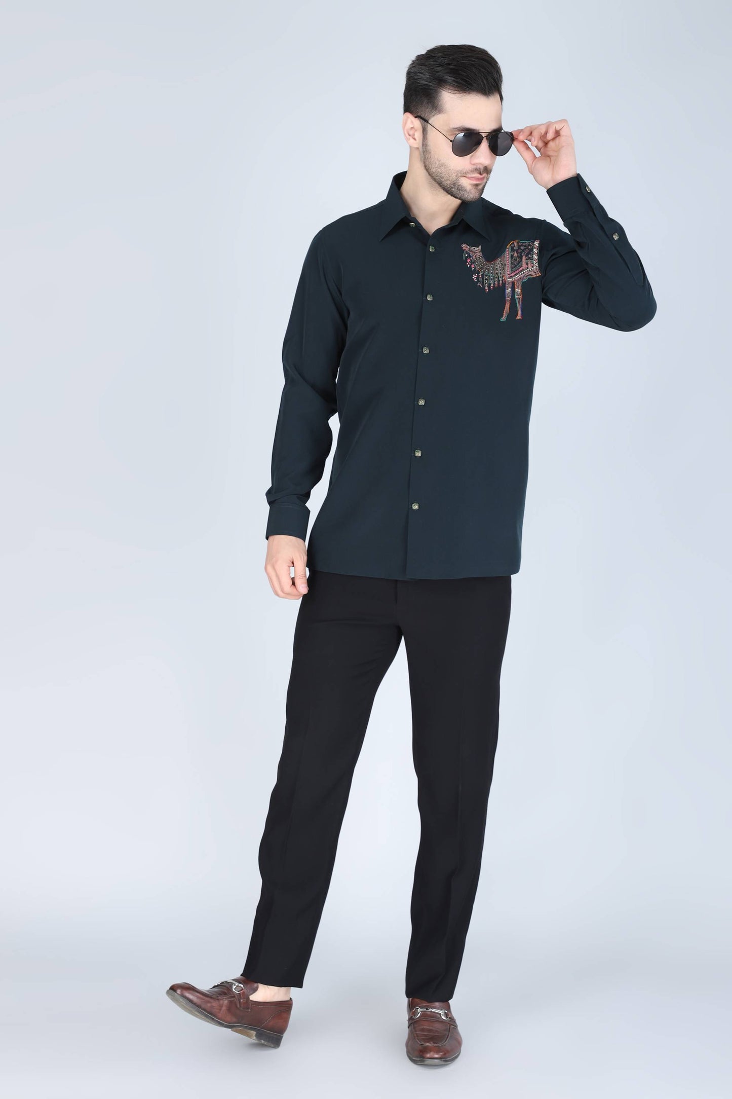 Teal Green Hand Embroidered Shirt for men