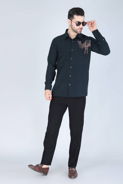 Teal Green Hand Embroidered Shirt for men