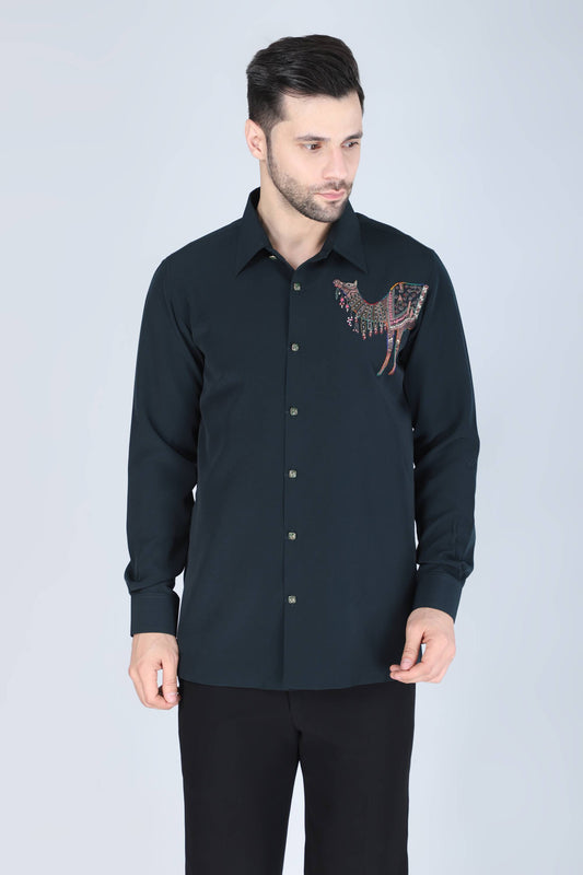 Teal Green Hand Embroidered Shirt for men