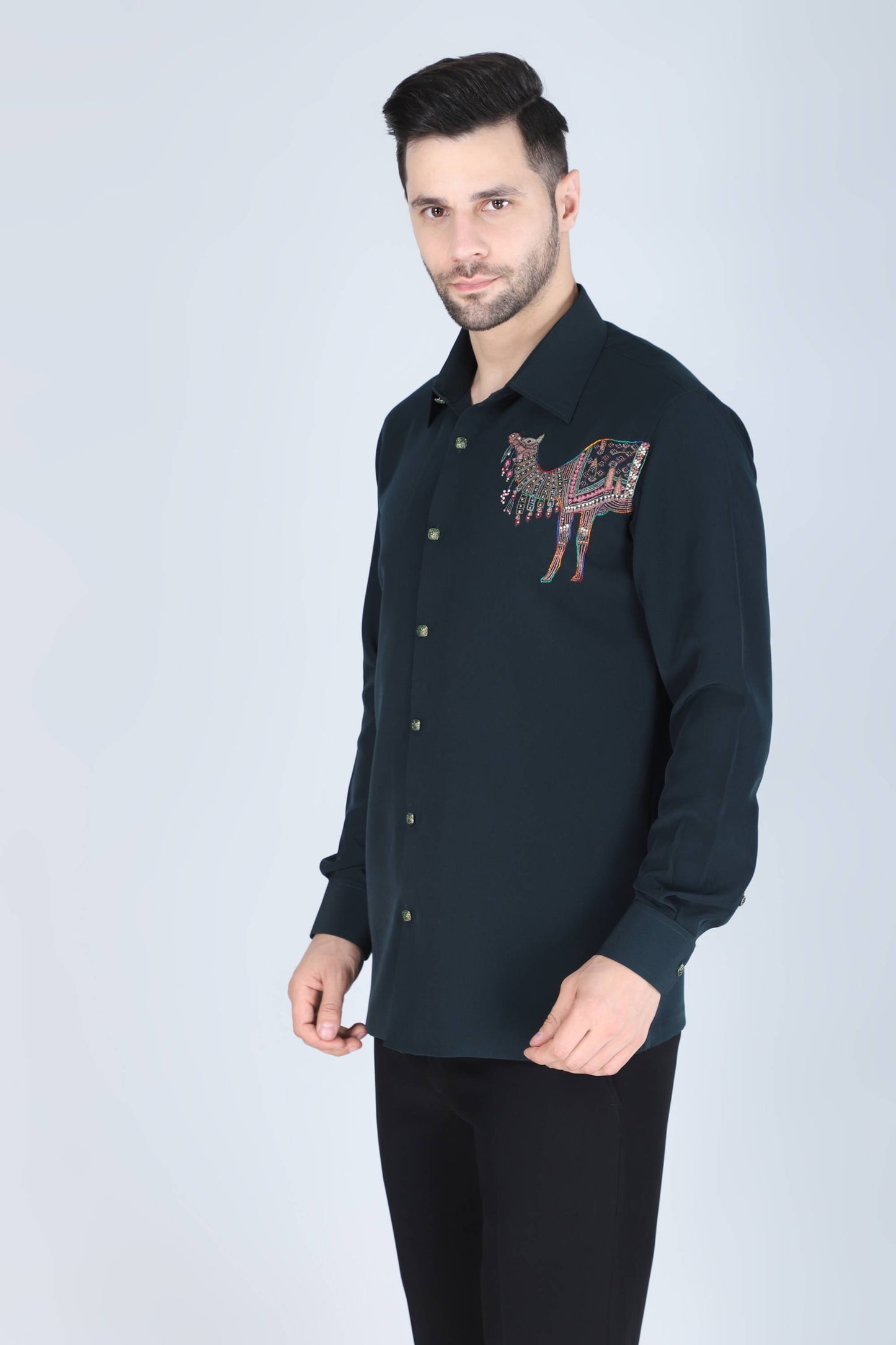 Teal Green Hand Embroidered Shirt for men