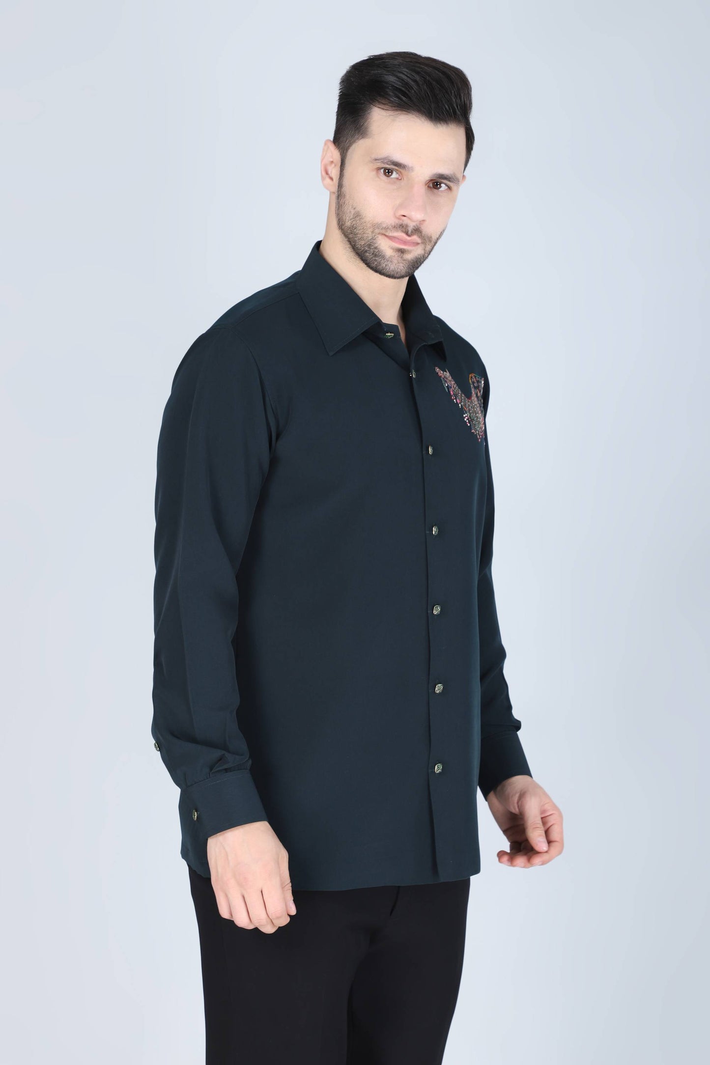 Teal Green Hand Embroidered Shirt for men