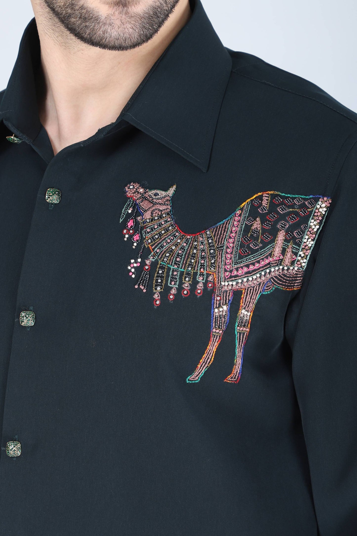 Teal Green Hand Embroidered Shirt for men