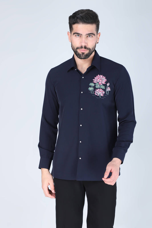 Navy Lotus Motif Hand Embroidered Shirt for Men