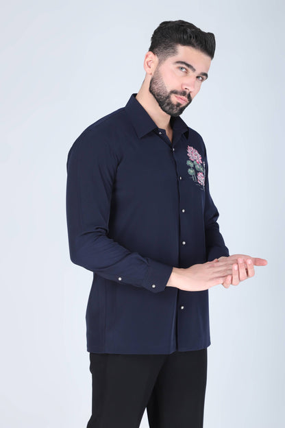 Navy Lotus Motif Hand Embroidered Shirt for Men