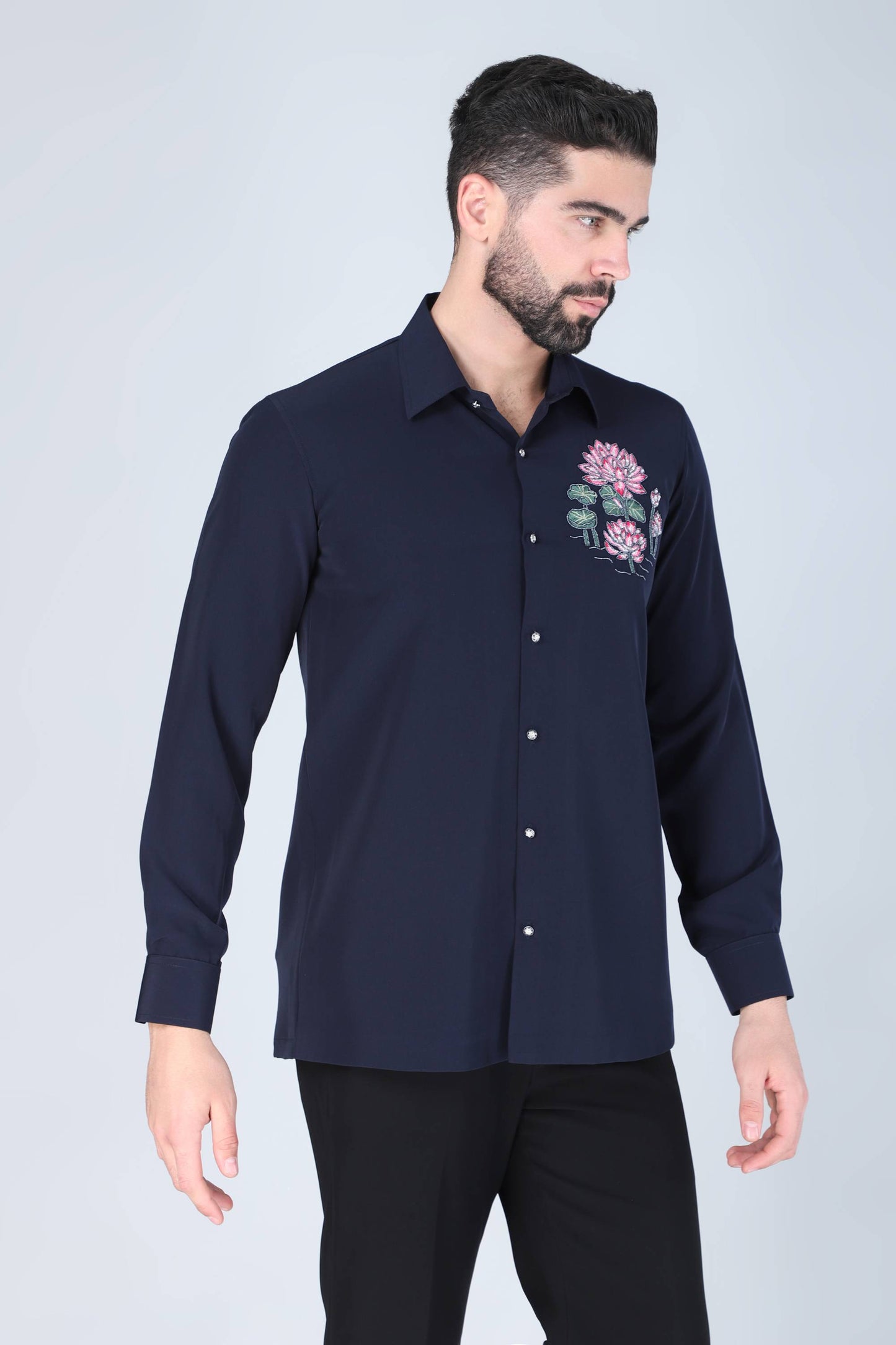 Navy Lotus Motif Hand Embroidered Shirt for Men