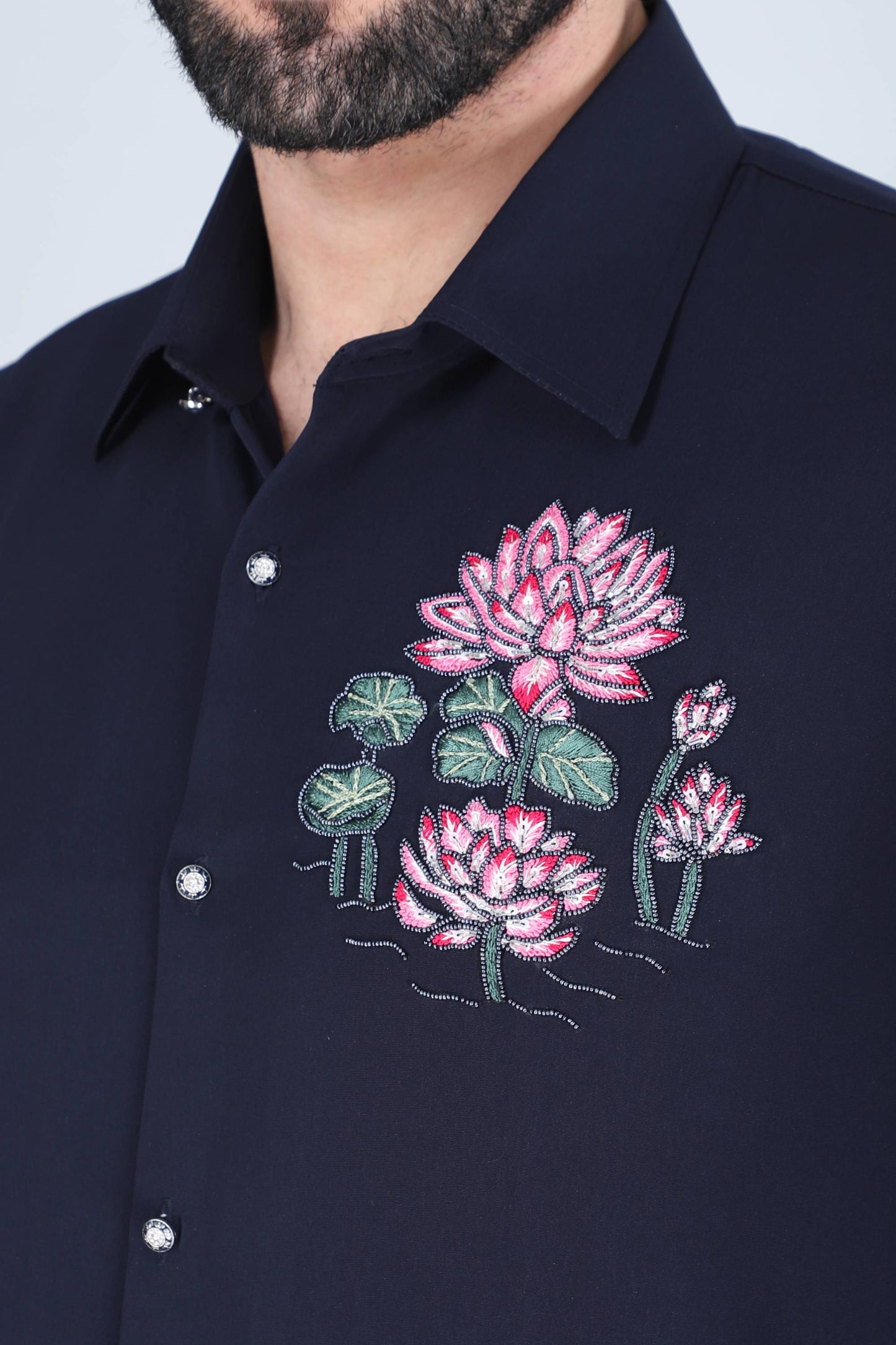 Navy Lotus Motif Hand Embroidered Shirt for Men