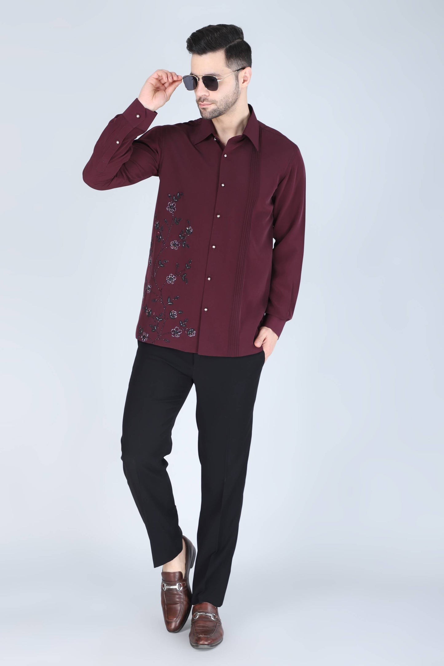 Wine Hand Embroidered Shirt for Men