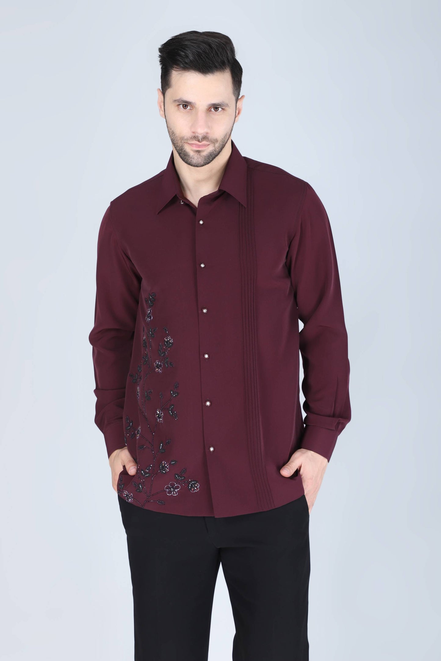 Wine Hand Embroidered Shirt for Men