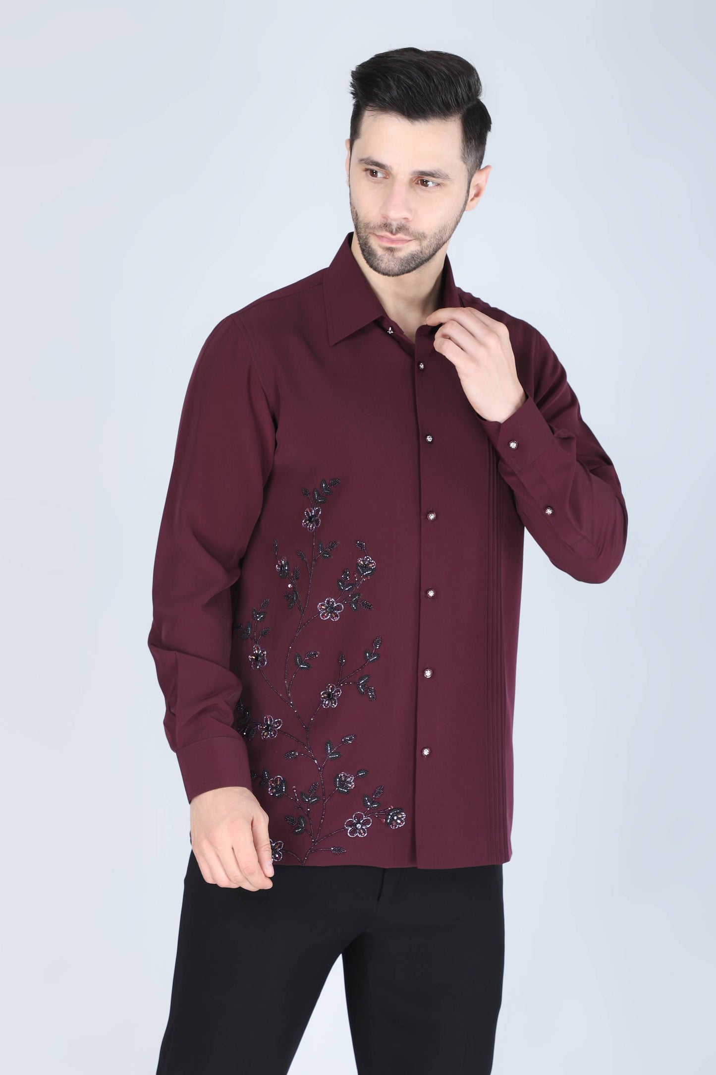 Wine Hand Embroidered Shirt for Men