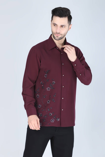 Wine Hand Embroidered Shirt for Men
