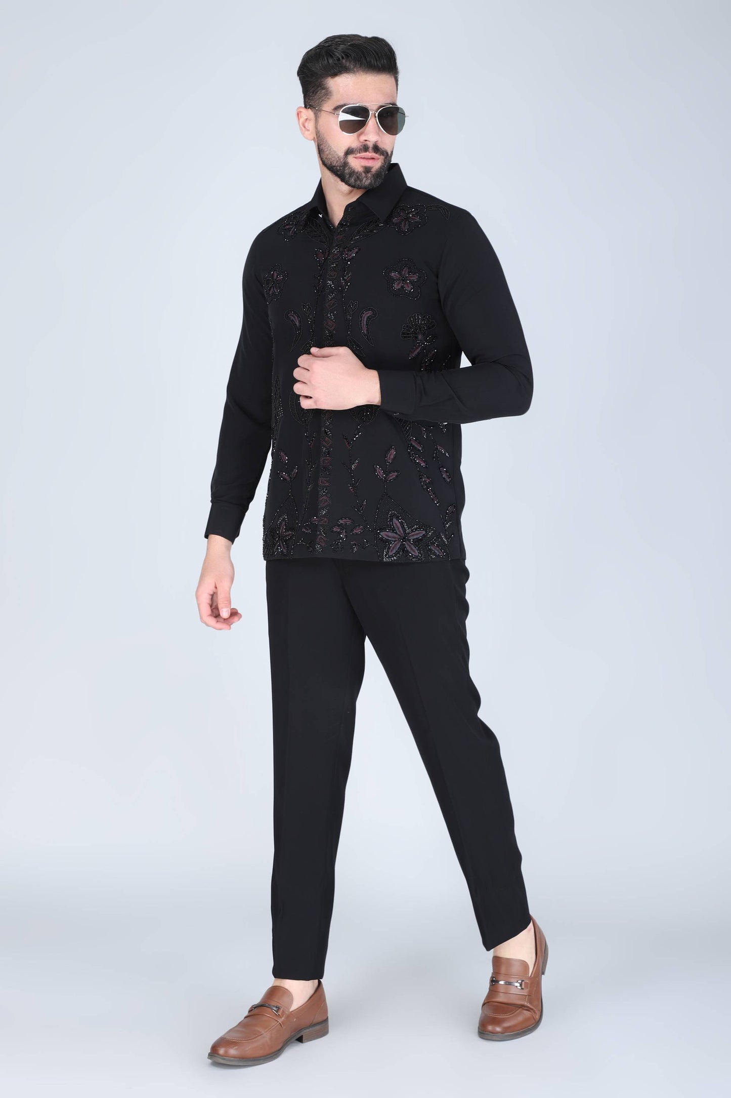 Black Zardosi Embroidered Shirt For Men