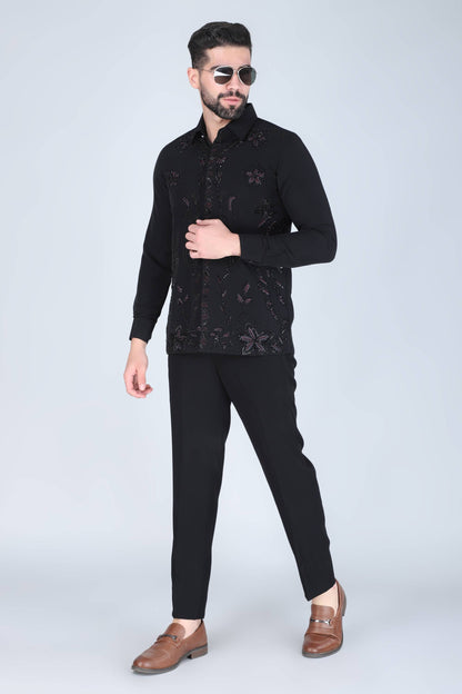 Black Zardosi Embroidered Shirt For Men