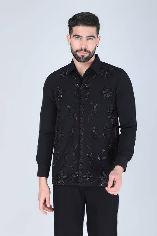 Black Zardosi Embroidered Shirt For Men