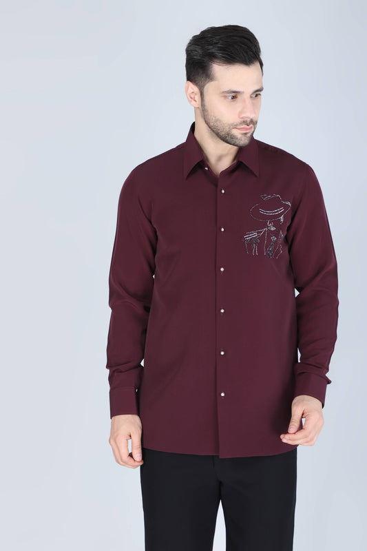 Wine Hand Embroidered Shirt for Men
