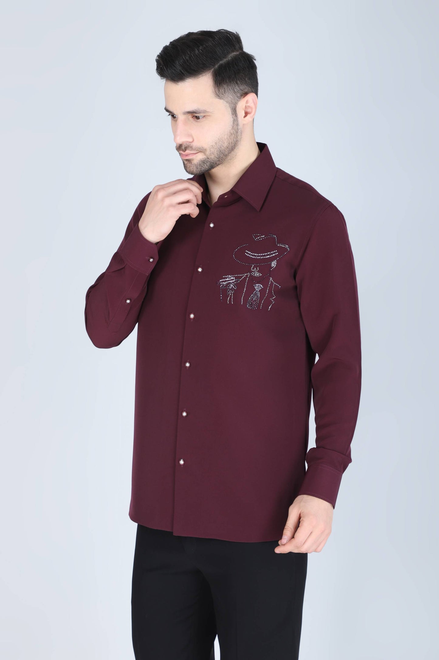 Wine Hand Embroidered Shirt for Men
