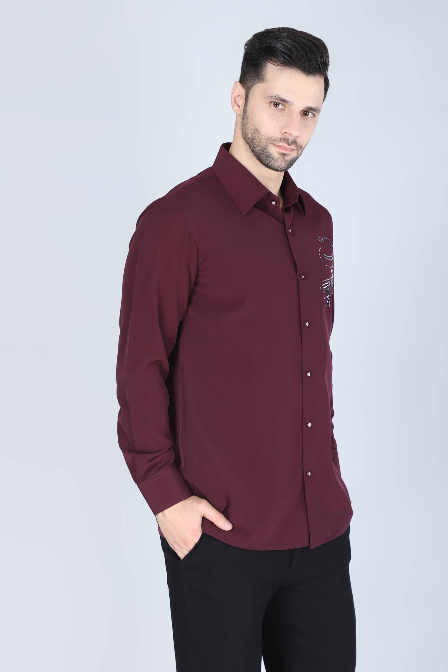 Wine Hand Embroidered Shirt for Men