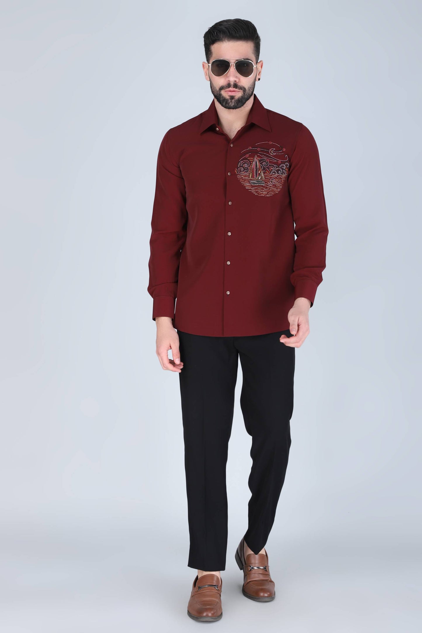 Maroon Hand Embroidered Shirt for Men