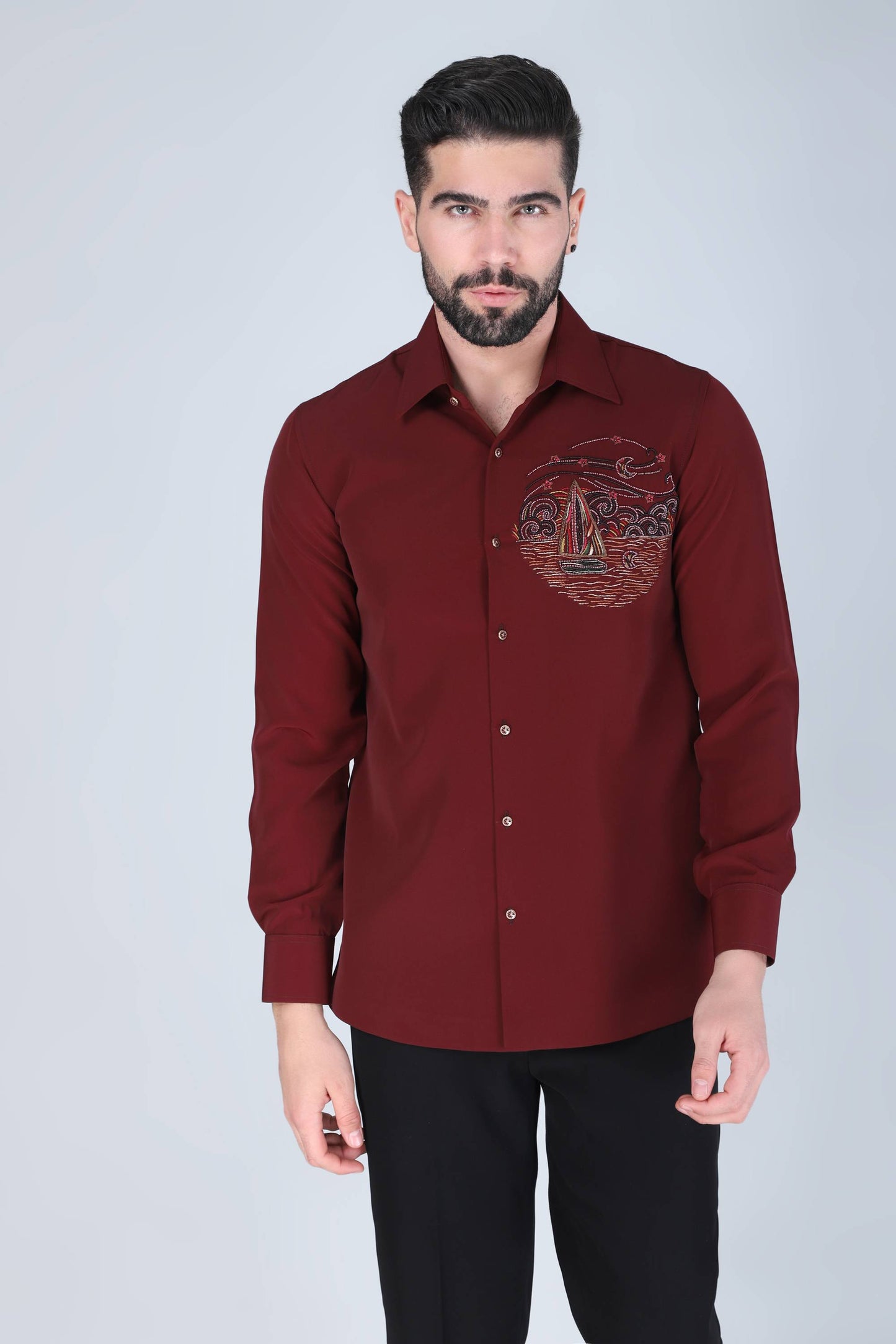 Maroon Hand Embroidered Shirt for Men