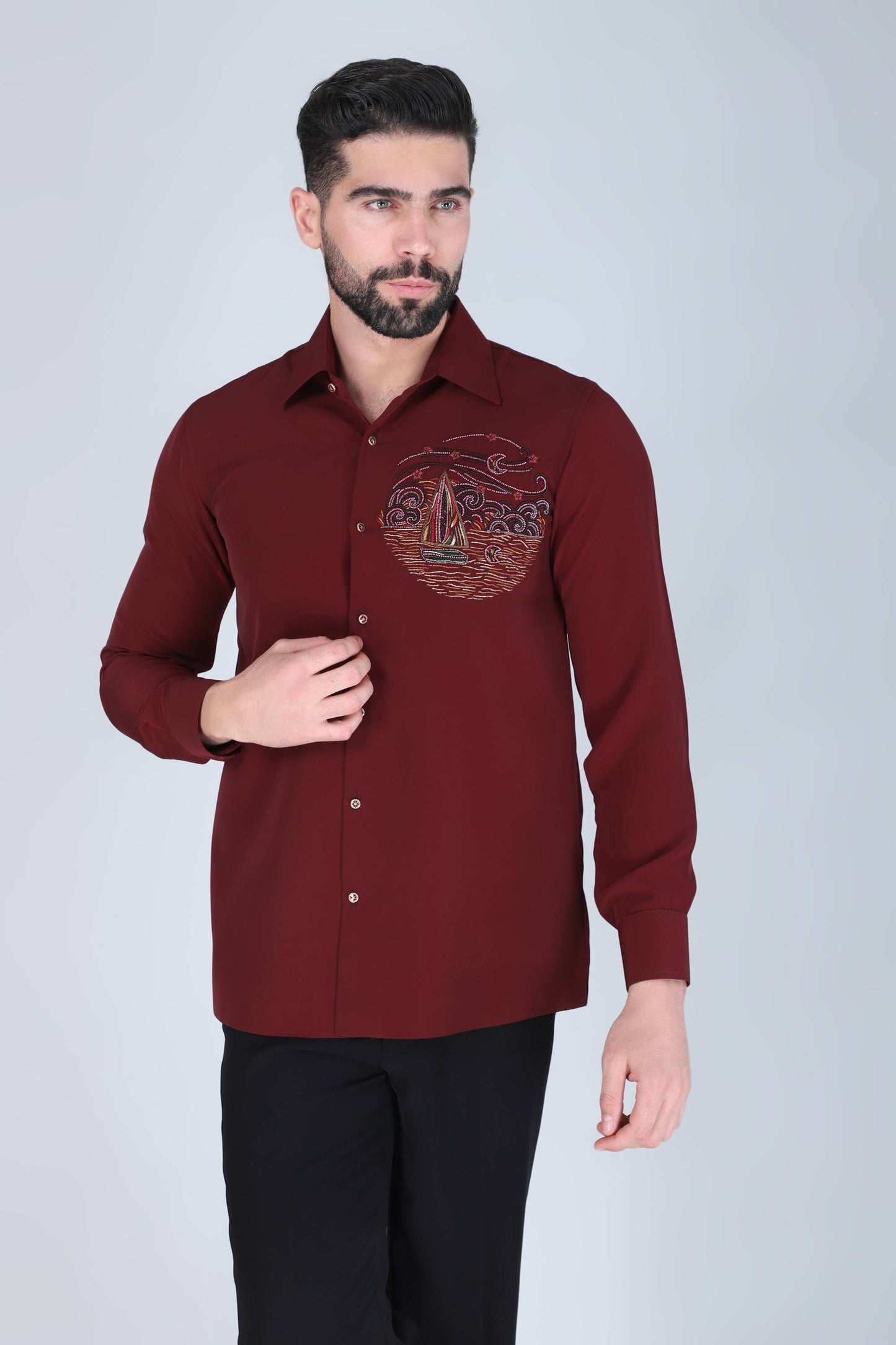 Maroon Hand Embroidered Shirt for Men