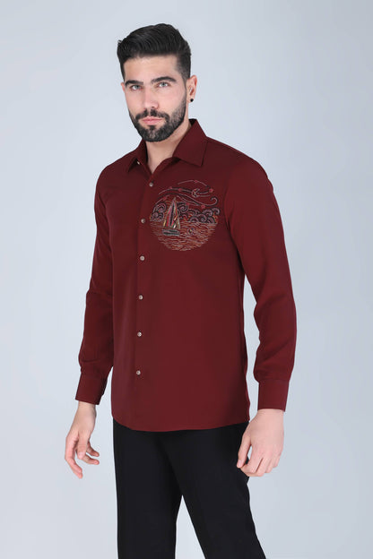 Maroon Hand Embroidered Shirt for Men