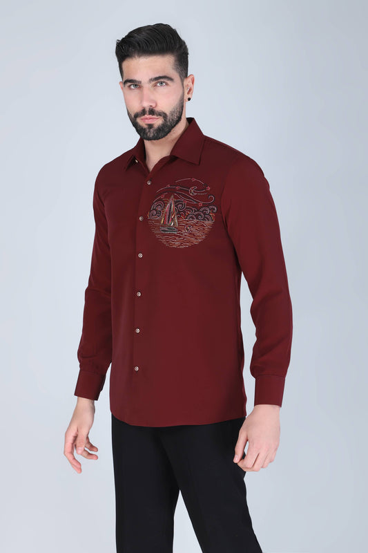 Maroon Hand Embroidered Shirt for Men