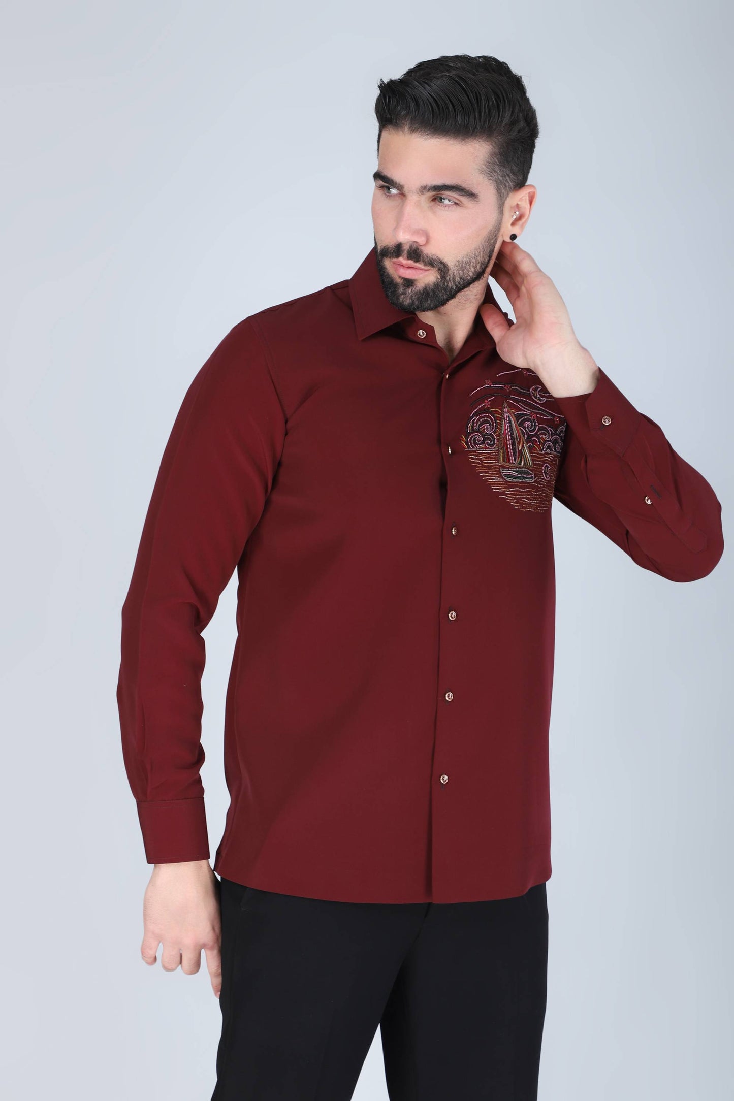 Maroon Hand Embroidered Shirt for Men
