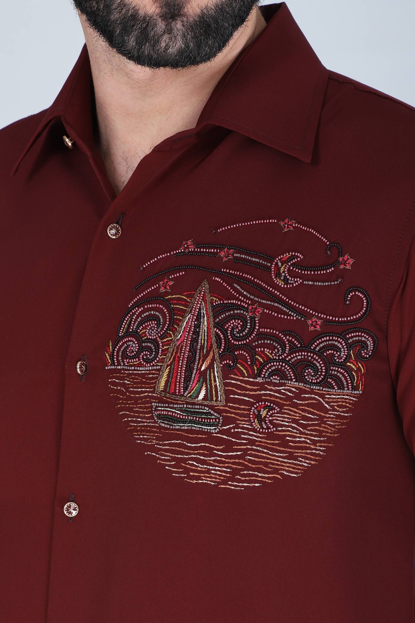 Maroon Hand Embroidered Shirt for Men