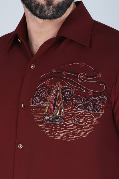 Maroon Hand Embroidered Shirt for Men