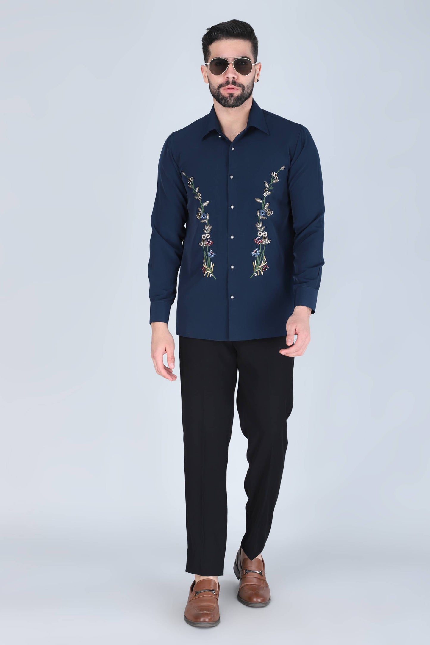 Navy Blue Hand Embroidered Shirt for Men
