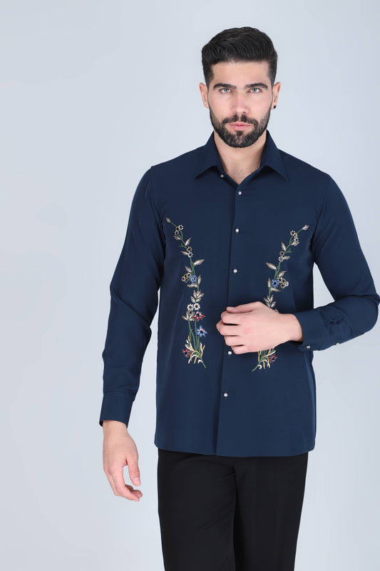 Navy Blue Hand Embroidered Shirt for Men