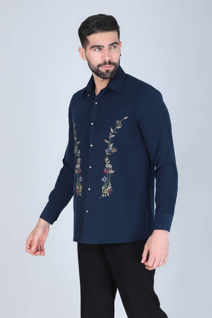 Navy Blue Hand Embroidered Shirt for Men