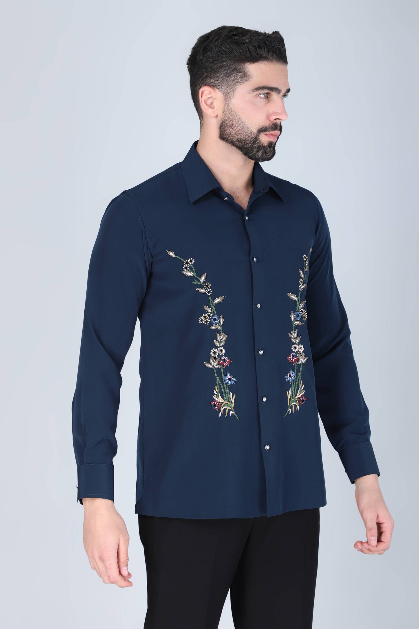 Navy Blue Hand Embroidered Shirt for Men