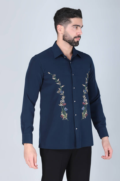Navy Blue Hand Embroidered Shirt for Men