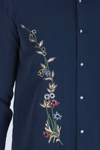Navy Blue Hand Embroidered Shirt for Men