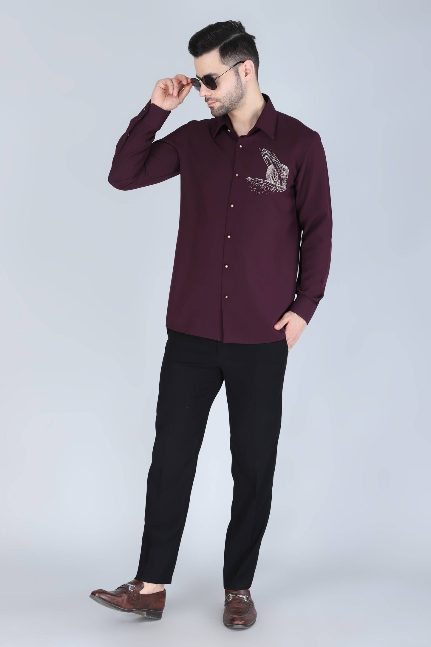 Purplish Wine Hand Embroidered Motif Shirt for Men