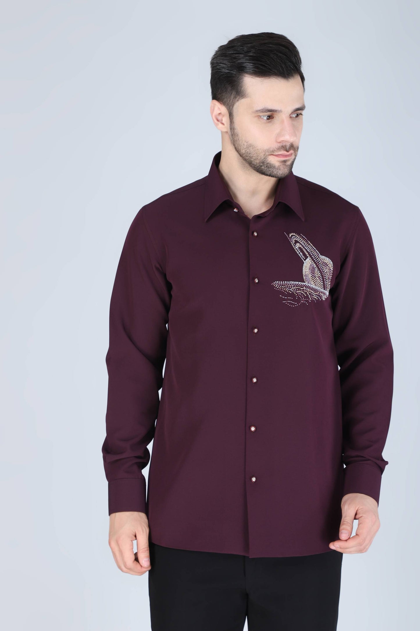 Purplish Wine Hand Embroidered Motif Shirt for Men